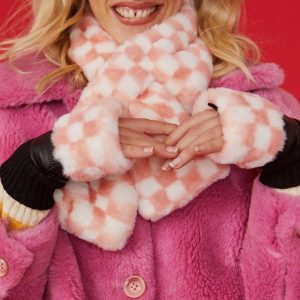 Check faux fur scarf/Pink
